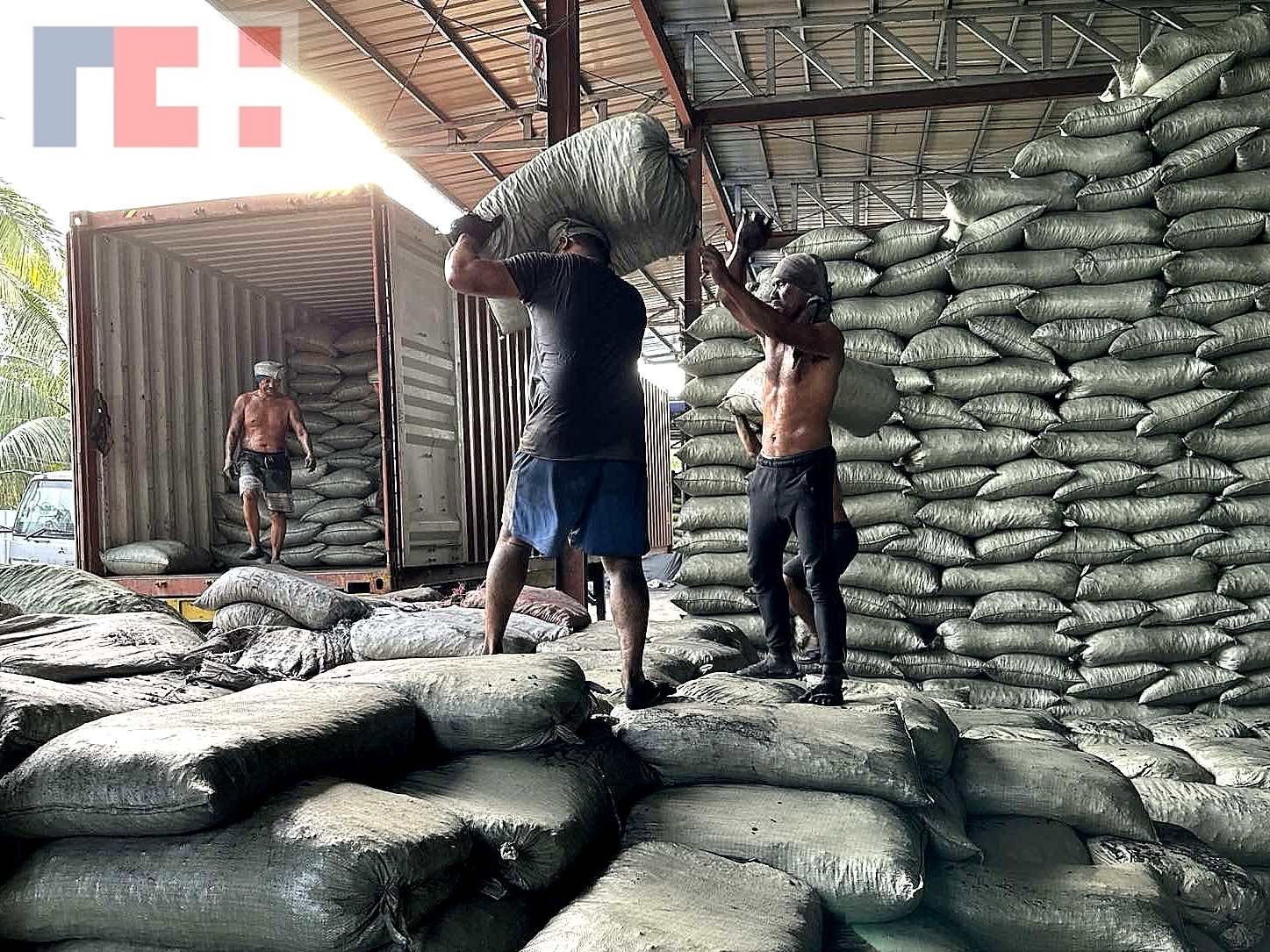 Workers loading cargo sacks into shipping container